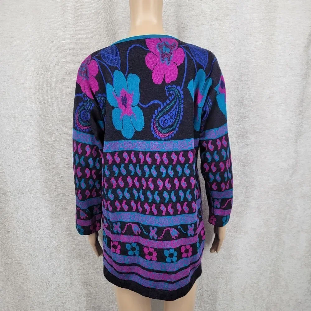 Cape Cod Vintage 80s Black Purple Teal  Floral Paisley Patterned Knit Sweater